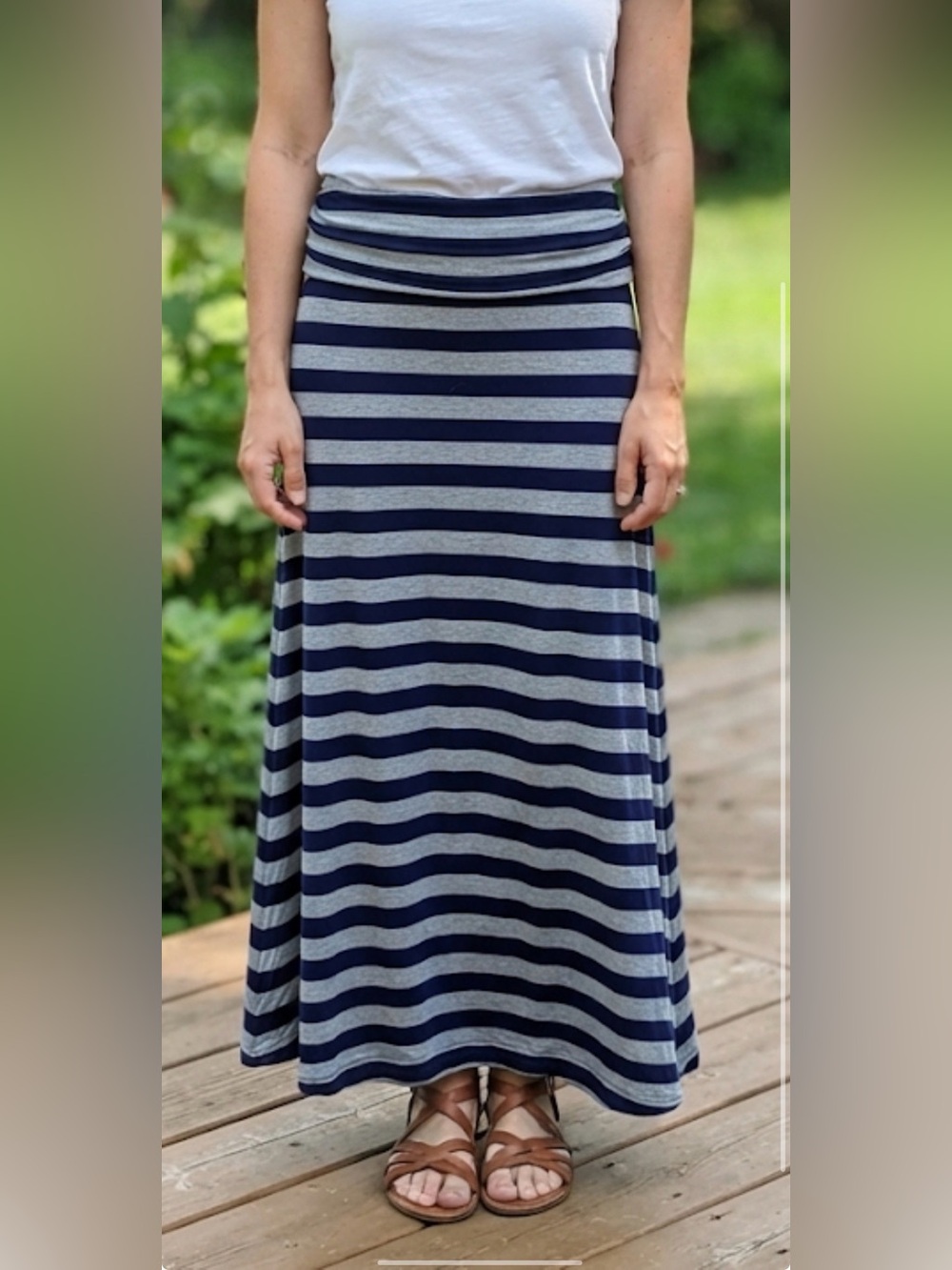 Bella D. Navy and Gray Striped Maxi Skirt